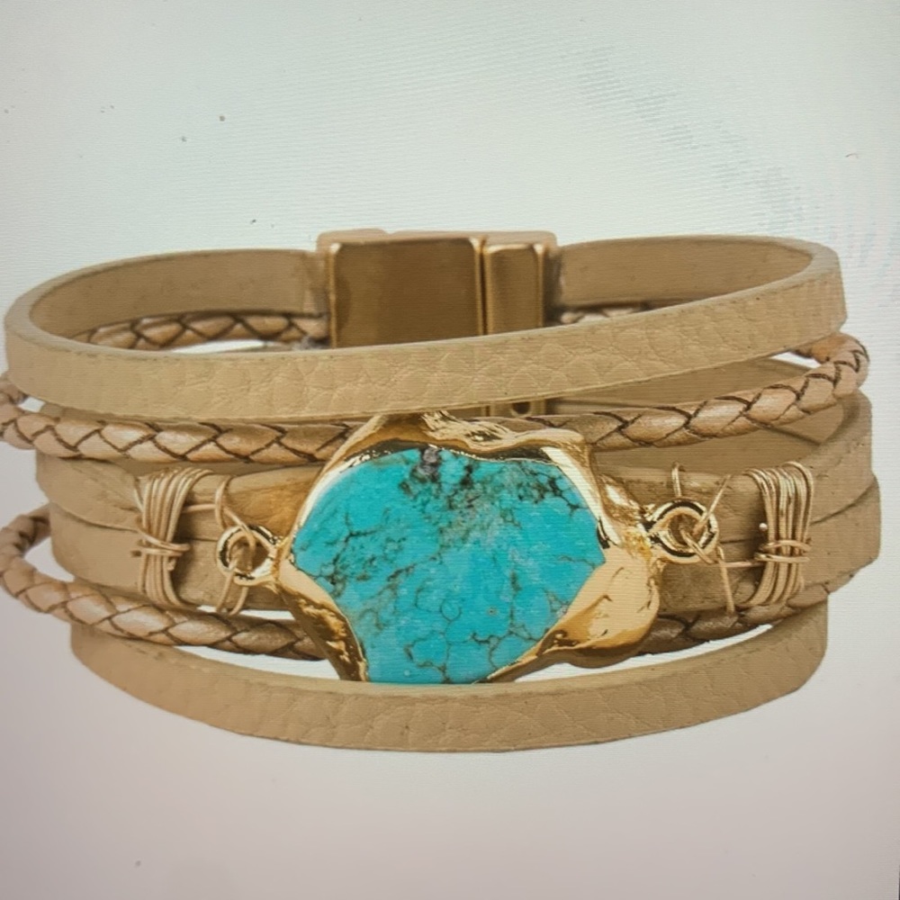Braided Turquoise Natural Stone Vegan Leather Bracelet - Picture 2 of 5